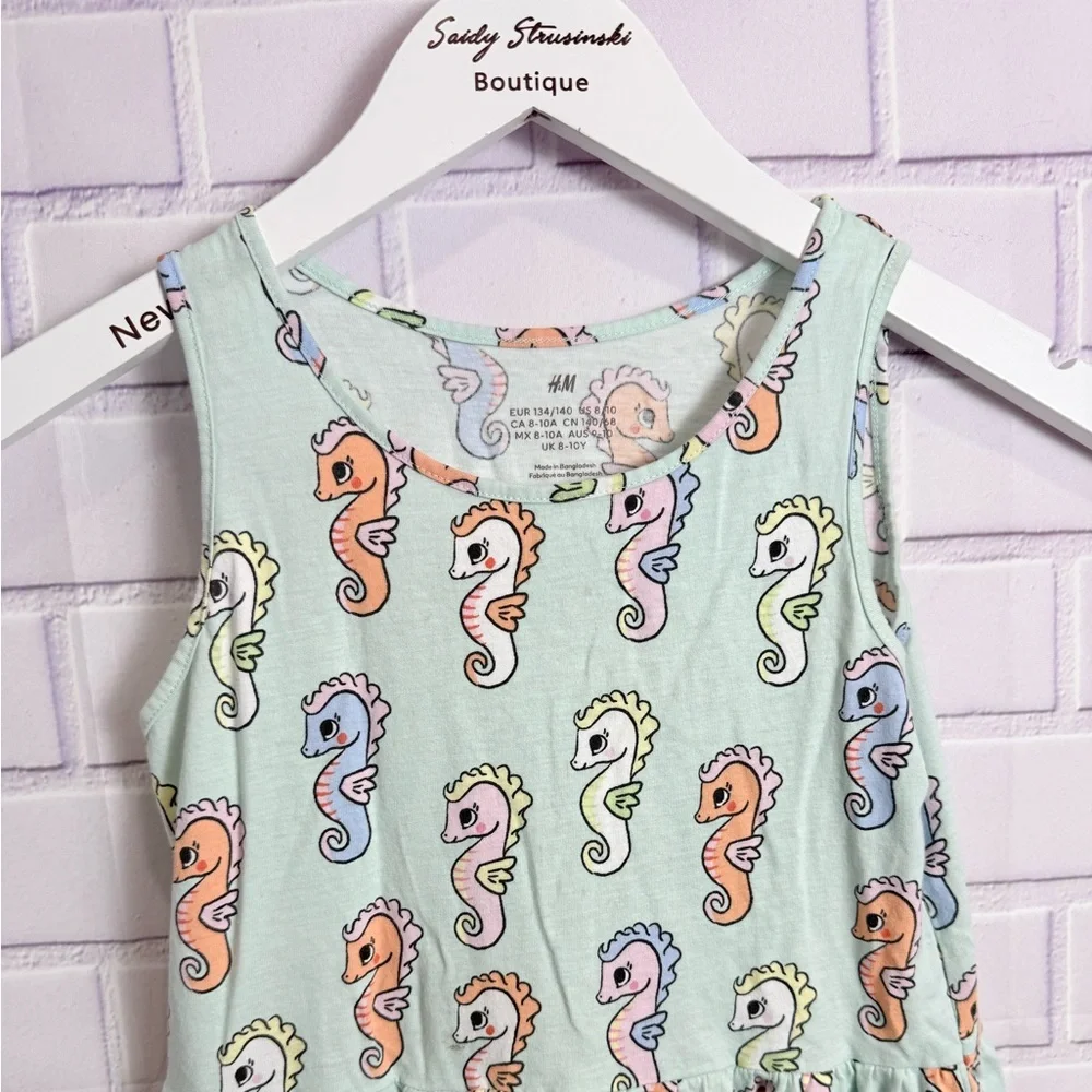 H&M Girls Seahorse Print Dress Mint Green Sleeveless Size 8-10 Cotton Cute
